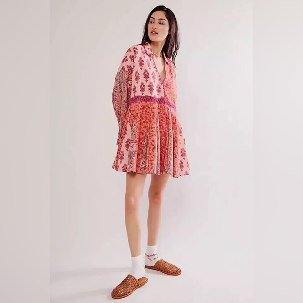 FP Free People Mini Dress Tunic Hazy Baby Printed Crochet S - Picture 5 of 11